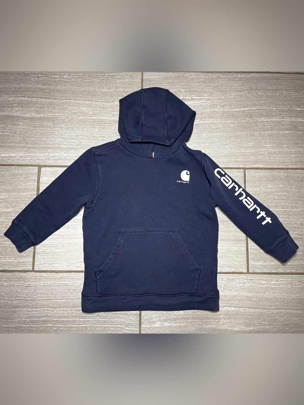 Carhartt Kids Size 7 Navy Blue Pullover Hoodie Sleeve Logo Sweatshirt